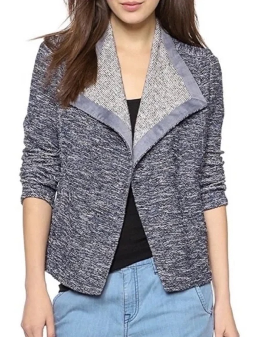 Vince Open-Front Cardigan with Contrast Shawl Collar Size M Blue Knit Pockets